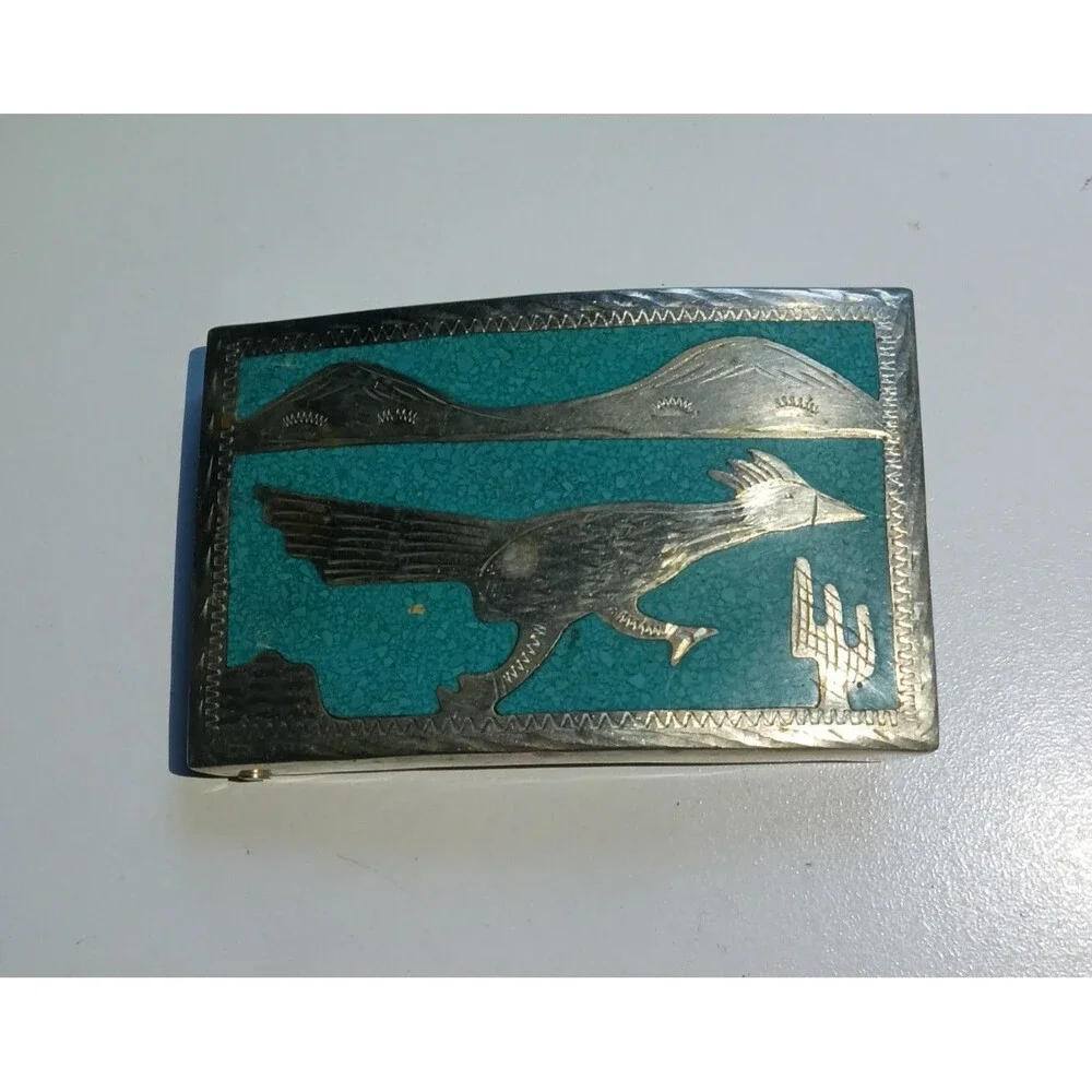 Vintage Alpaca Mexico Turquoise Chip Inlay Roadrunner Western Belt Buckle